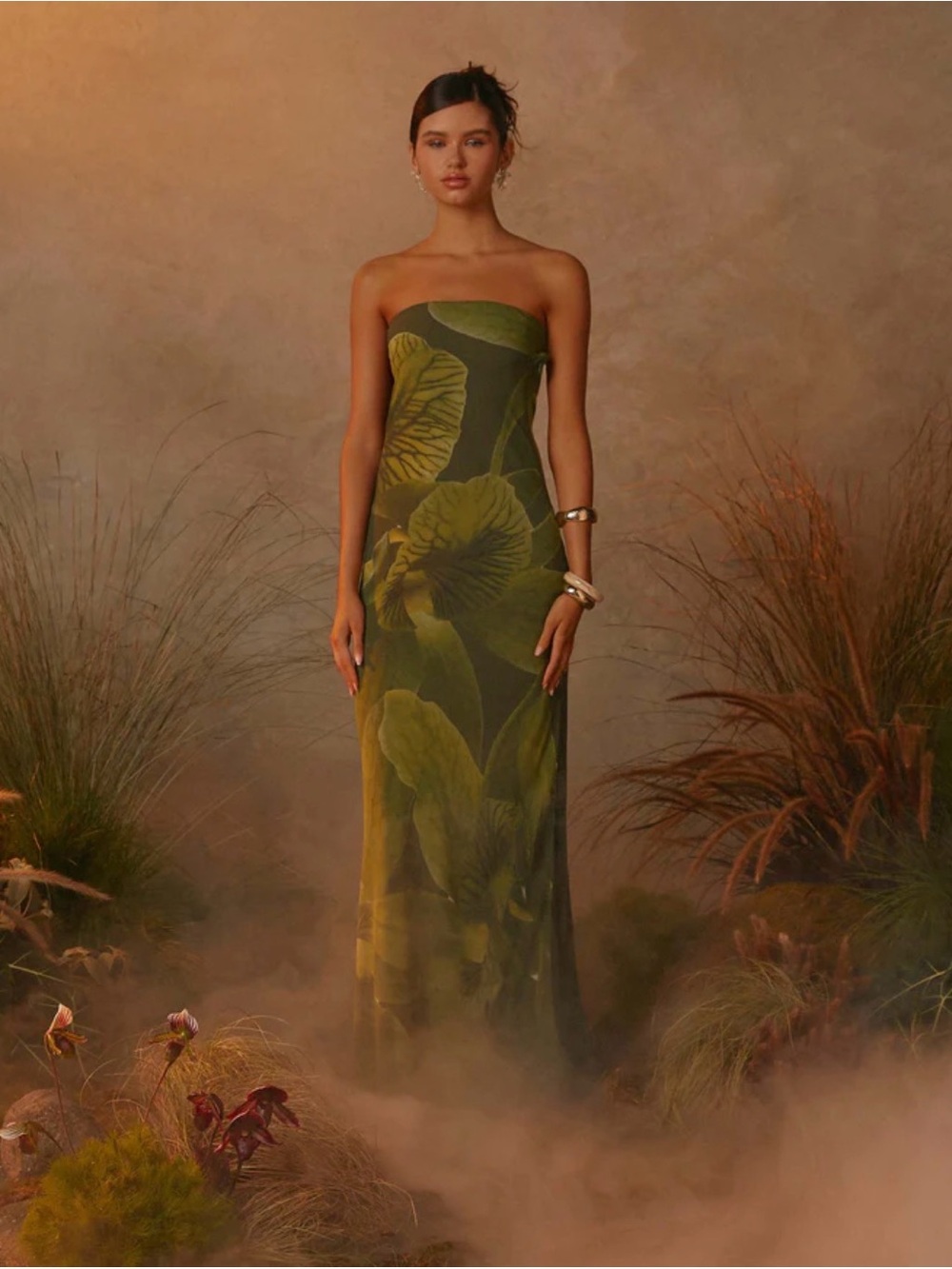 Peppermayo Nettle Maxi Dress Olive Green Floral Strapless Column - Picture 1 of 4